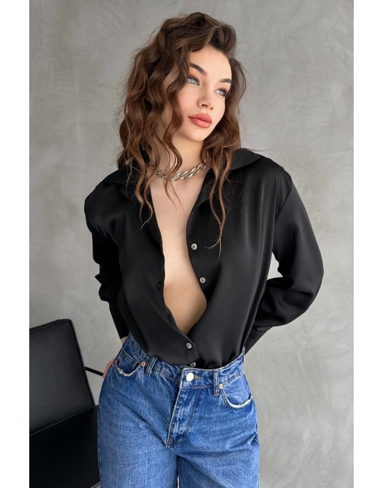 Kadın Siyah Dökümlü Saten Gömlek