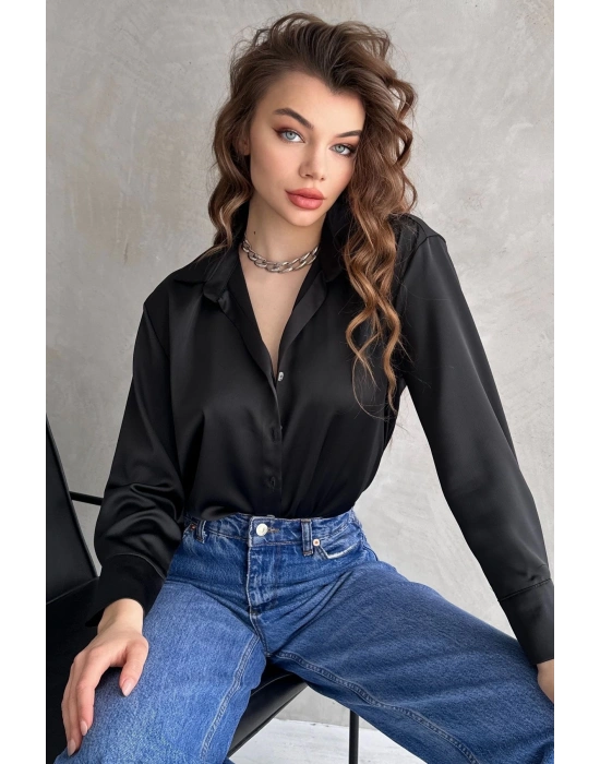 Kadın Siyah Dökümlü Saten Gömlek