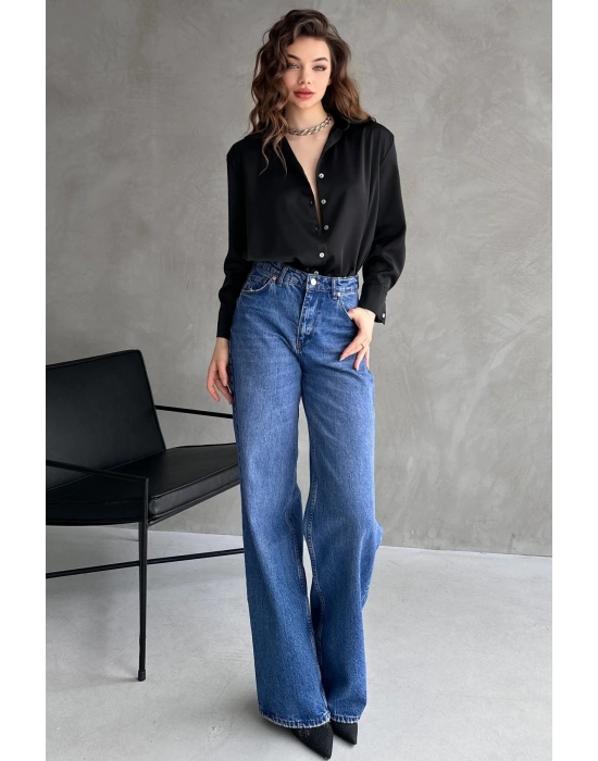 Kadın Siyah Dökümlü Saten Gömlek