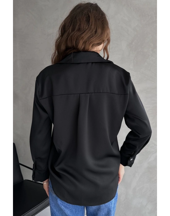 Kadın Siyah Dökümlü Saten Gömlek