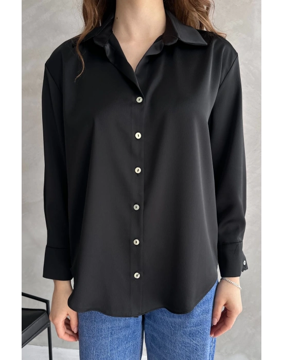 Kadın Siyah Dökümlü Saten Gömlek