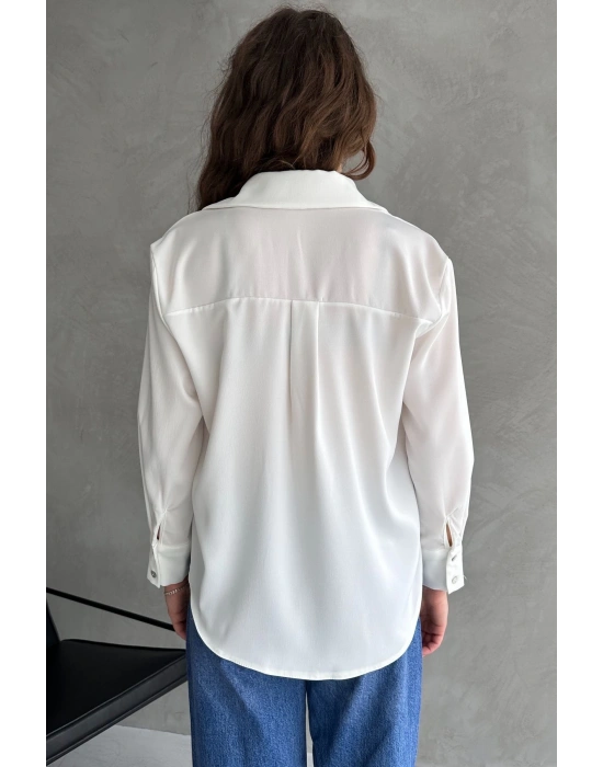 Kadın Beyaz Dökümlü Saten Gömlek