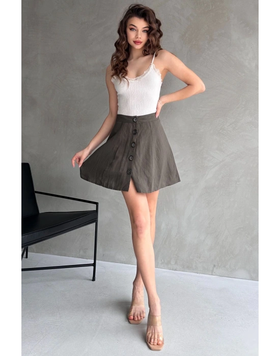 Kadın Acı Yeşil Kısa Önü Düğmeli Mini Etek