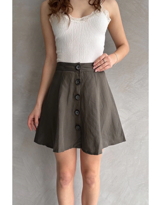 Kadın Acı Yeşil Kısa Önü Düğmeli Mini Etek