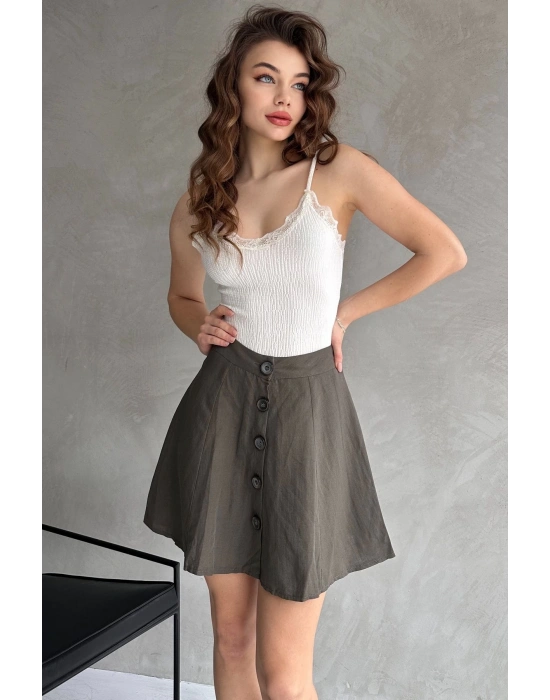 Kadın Acı Yeşil Kısa Önü Düğmeli Mini Etek