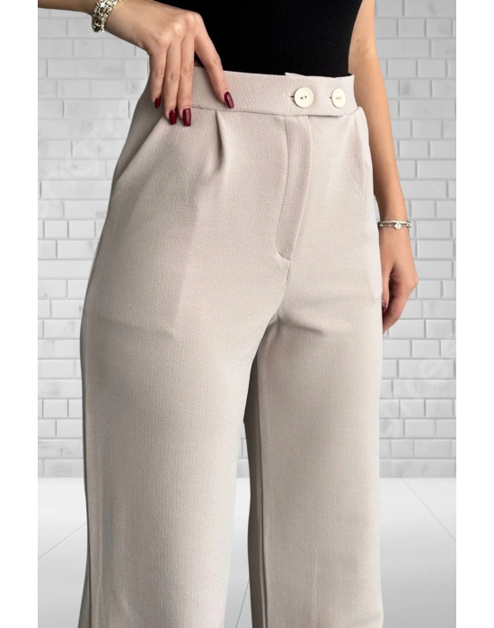 Kadın Bej Yüksek Bel Krep Kumaş Likralı Rahat Kesim Çift Düğmeli Palazzo Pantolon