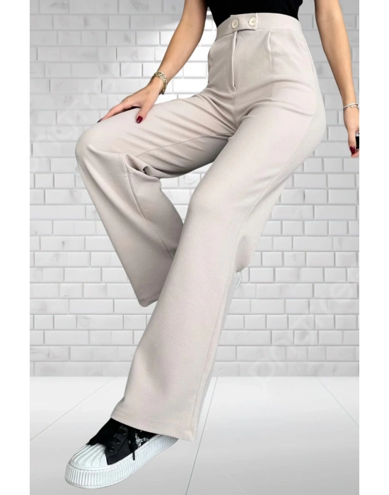 Kadın Bej Yüksek Bel Krep Kumaş Likralı Rahat Kesim Çift Düğmeli Palazzo Pantolon