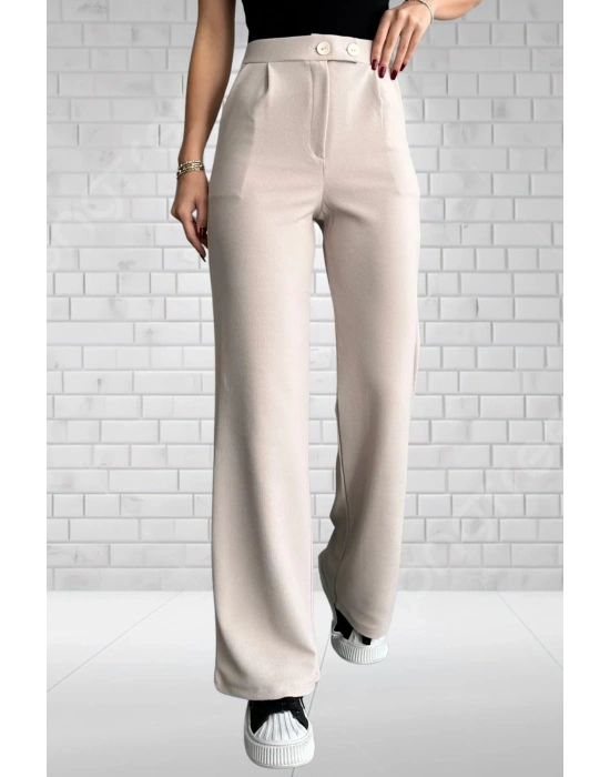 Kadın Bej Yüksek Bel Krep Kumaş Likralı Rahat Kesim Çift Düğmeli Palazzo Pantolon