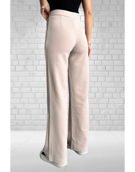 Kadın Bej Yüksek Bel Krep Kumaş Likralı Rahat Kesim Çift Düğmeli Palazzo Pantolon