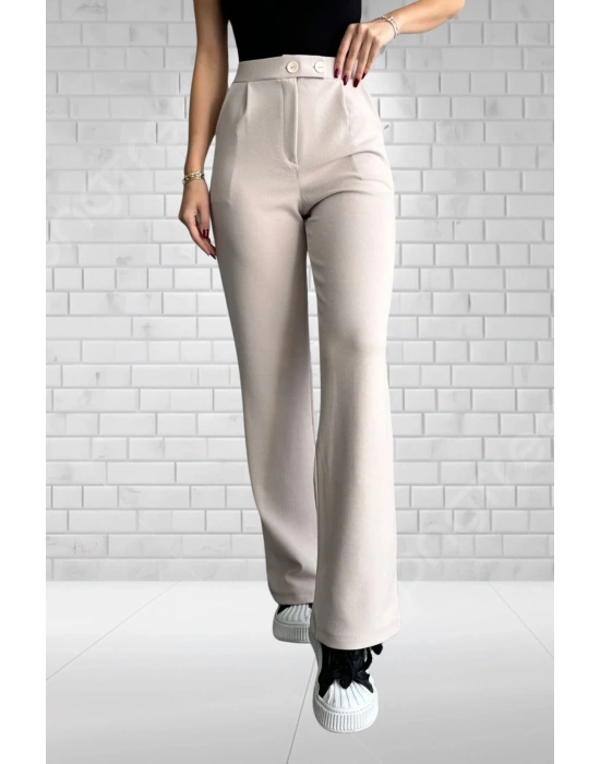 Kadın Bej Yüksek Bel Krep Kumaş Likralı Rahat Kesim Çift Düğmeli Palazzo Pantolon