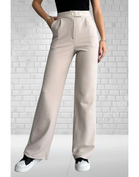 Kadın Bej Yüksek Bel Krep Kumaş Likralı Rahat Kesim Çift Düğmeli Palazzo Pantolon