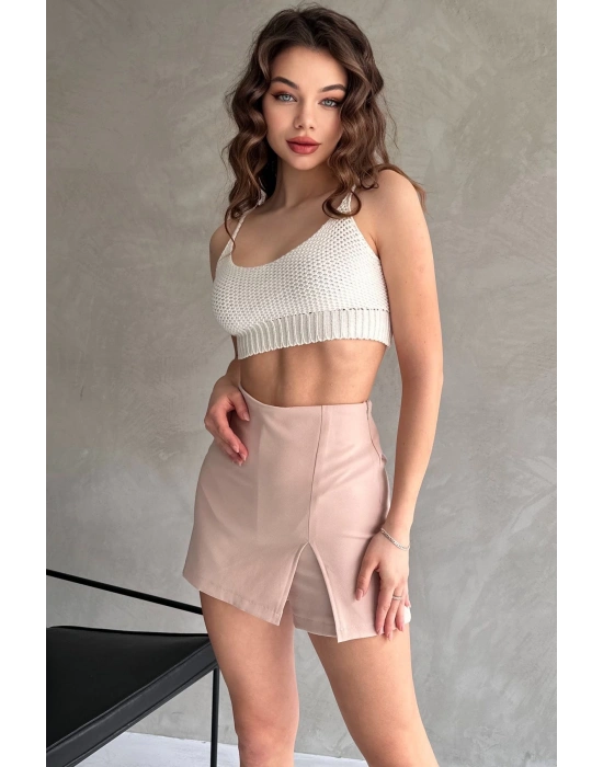 Kadın Bej Piliseli Mini Şortlu Etek