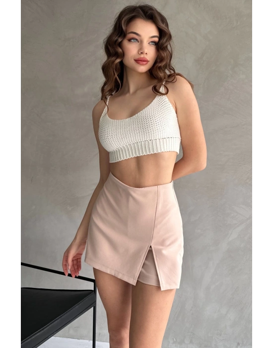 Kadın Bej Piliseli Mini Şortlu Etek