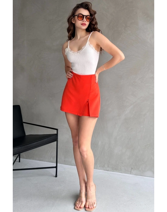 Kadın Turuncu Piliseli Mini Şortlu Etek