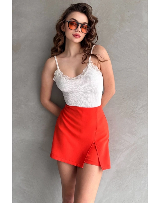 Kadın Turuncu Piliseli Mini Şortlu Etek