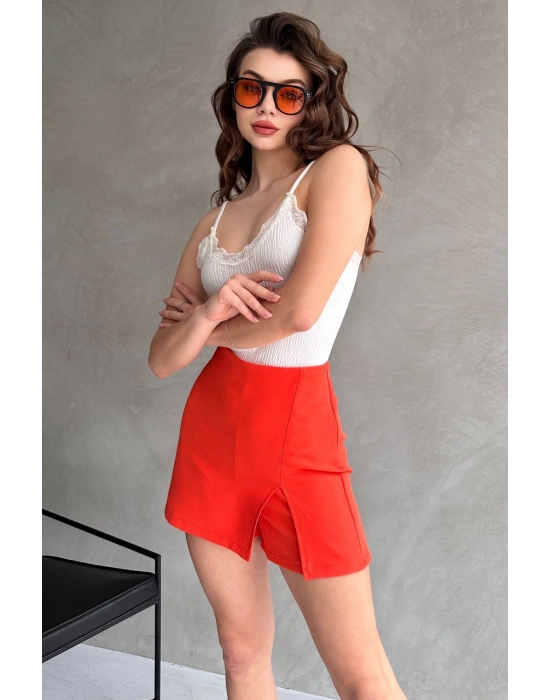 Kadın Turuncu Piliseli Mini Şortlu Etek