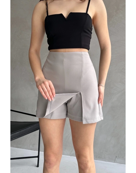 Kadın Gri Piliseli Mini Şortlu Etek