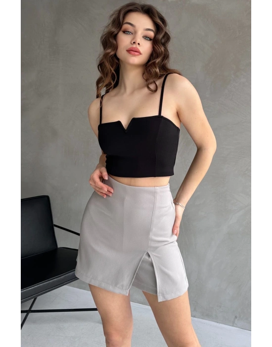 Kadın Gri Piliseli Mini Şortlu Etek