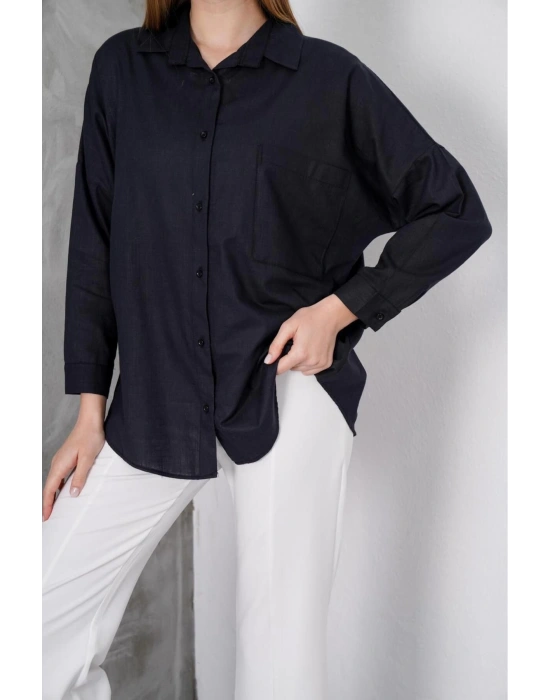 Kadın Siyah Oversize Uzun Keten Gömlek