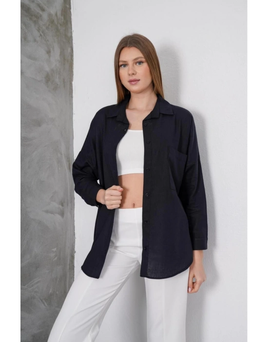 Kadın Siyah Oversize Uzun Keten Gömlek