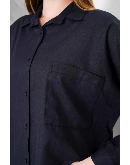 Kadın Siyah Oversize Uzun Keten Gömlek