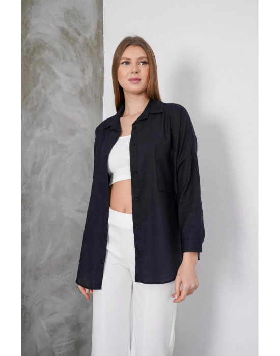 Kadın Siyah Oversize Uzun Keten Gömlek
