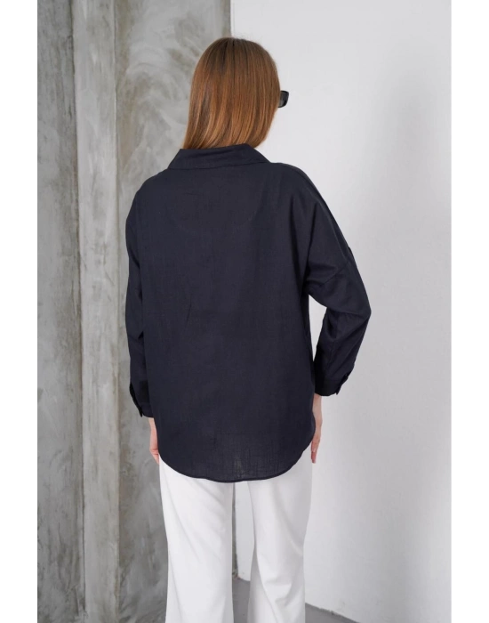 Kadın Siyah Oversize Uzun Keten Gömlek