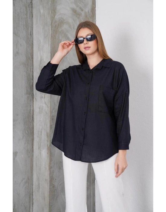Kadın Siyah Oversize Uzun Keten Gömlek