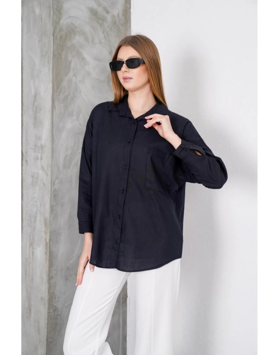 Kadın Siyah Oversize Uzun Keten Gömlek