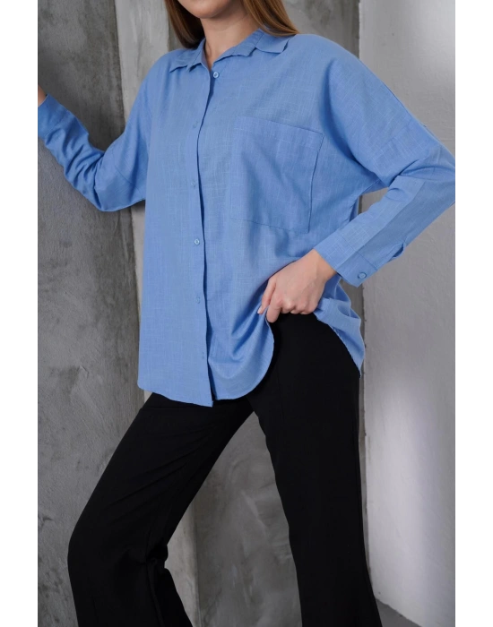 Kadın Mavi Oversize Uzun Keten Gömlek
