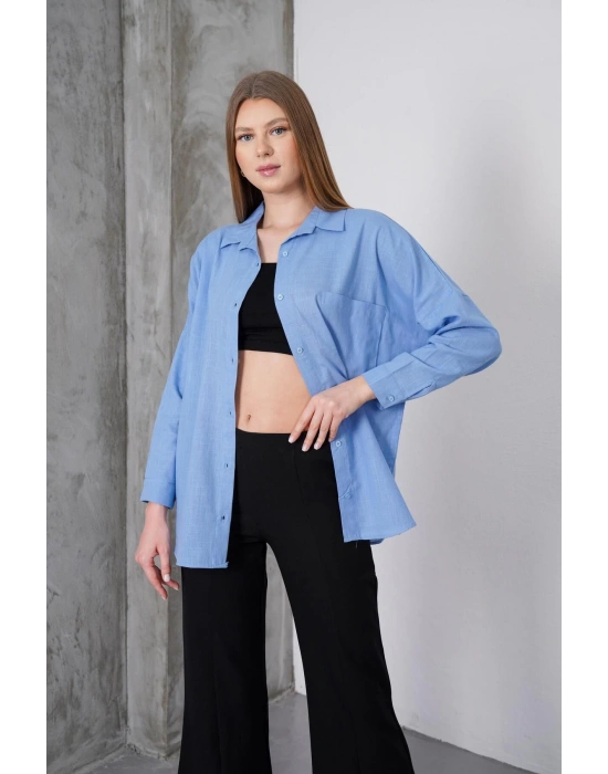 Kadın Mavi Oversize Uzun Keten Gömlek