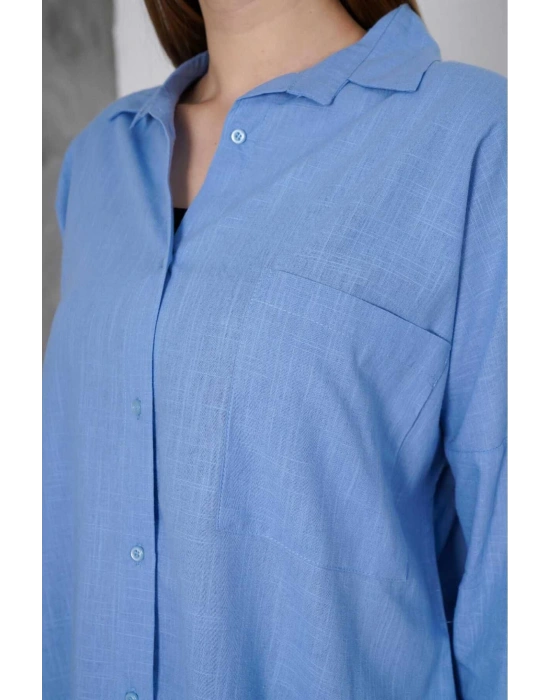 Kadın Mavi Oversize Uzun Keten Gömlek