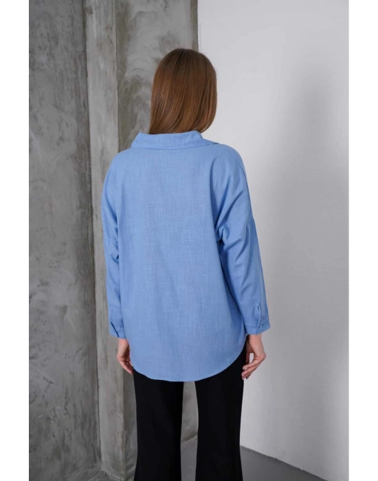 Kadın Mavi Oversize Uzun Keten Gömlek