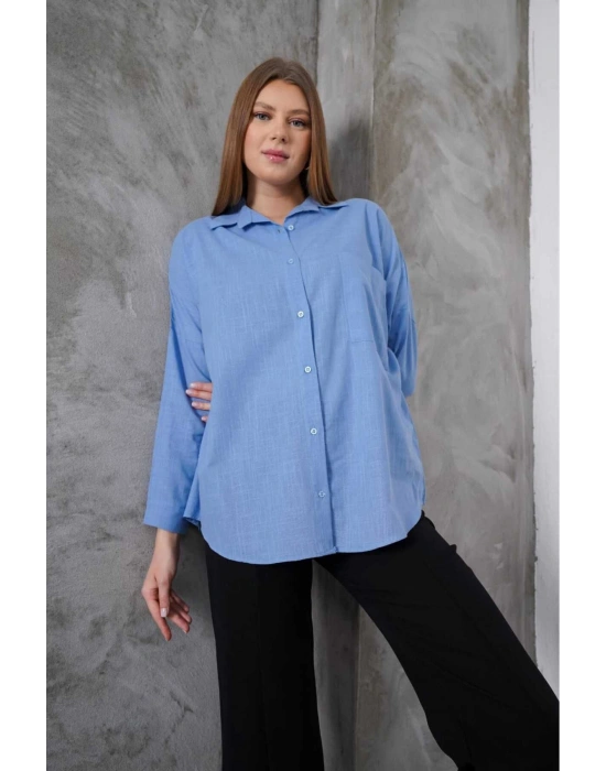 Kadın Mavi Oversize Uzun Keten Gömlek