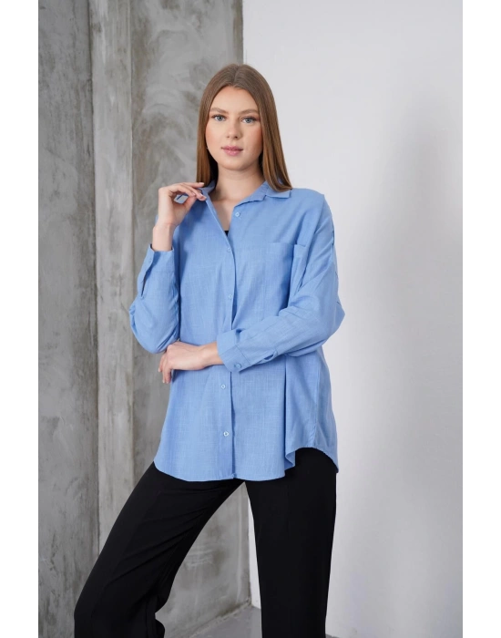 Kadın Mavi Oversize Uzun Keten Gömlek