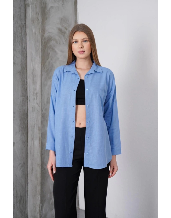 Kadın Mavi Oversize Uzun Keten Gömlek