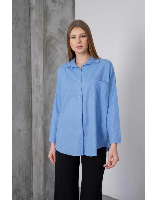 Kadın Mavi Oversize Uzun Keten Gömlek