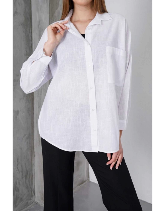 Kadın Beyaz Oversize Uzun Keten Gömlek