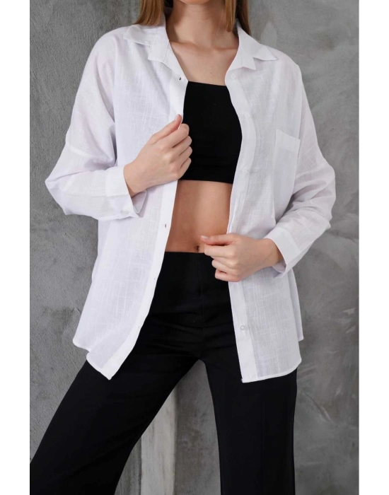 Kadın Beyaz Oversize Uzun Keten Gömlek