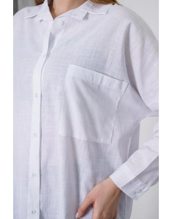 Kadın Beyaz Oversize Uzun Keten Gömlek