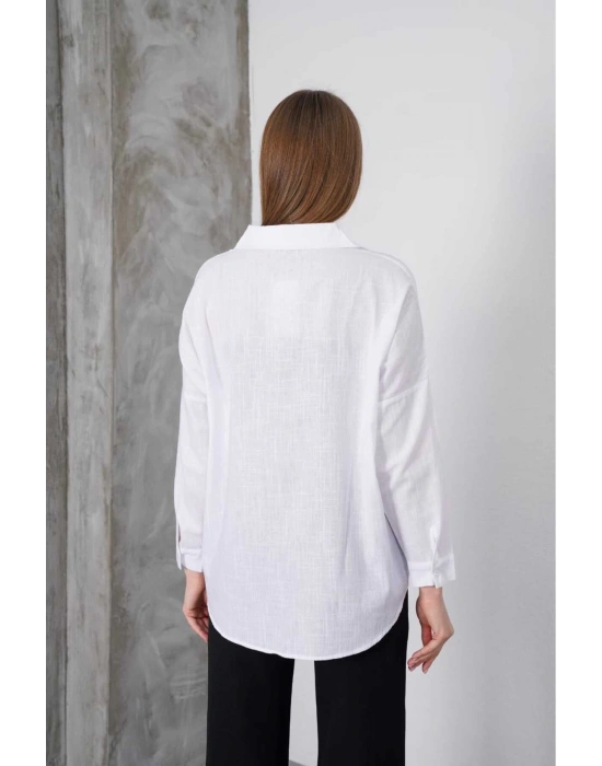 Kadın Beyaz Oversize Uzun Keten Gömlek