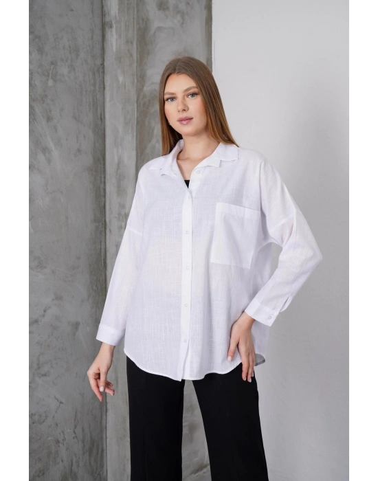 Kadın Beyaz Oversize Uzun Keten Gömlek