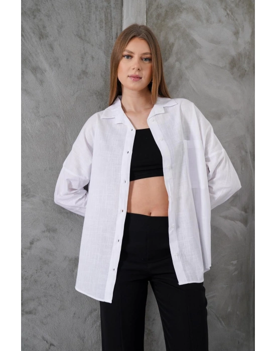 Kadın Beyaz Oversize Uzun Keten Gömlek