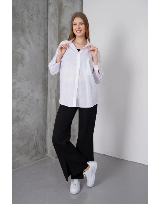 Kadın Beyaz Oversize Uzun Keten Gömlek