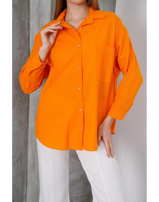 Kadın Turuncu Oversize Uzun Keten Gömlek