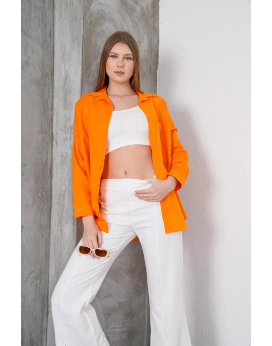 Kadın Turuncu Oversize Uzun Keten Gömlek