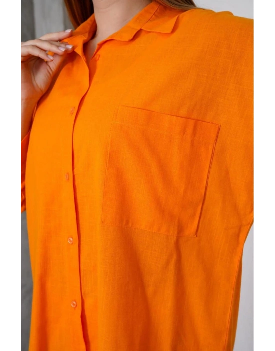 Kadın Turuncu Oversize Uzun Keten Gömlek