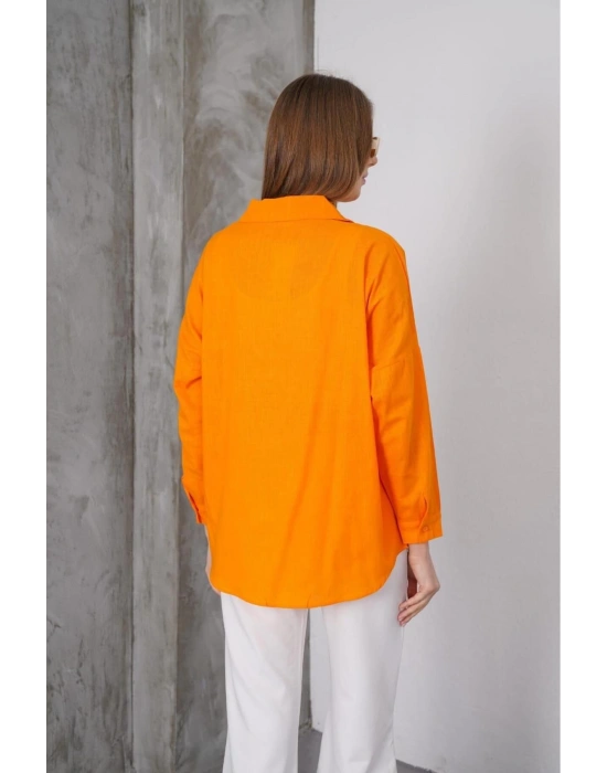 Kadın Turuncu Oversize Uzun Keten Gömlek