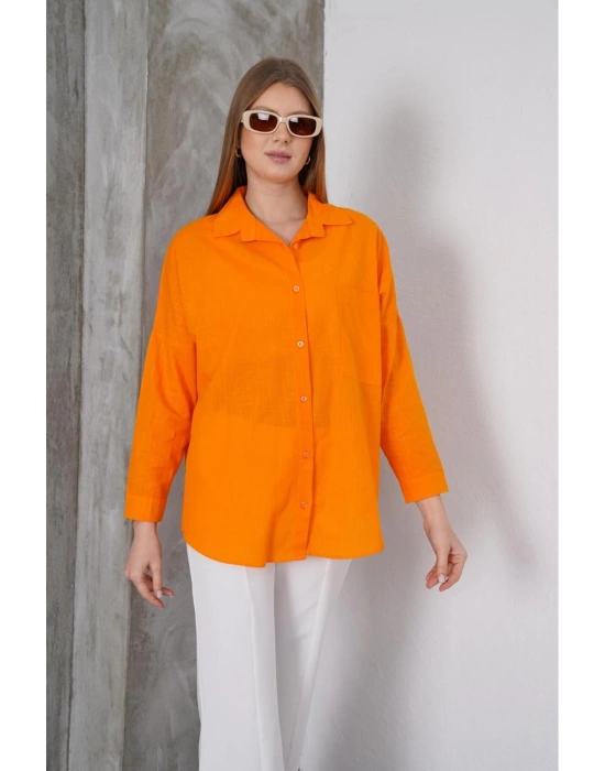 Kadın Turuncu Oversize Uzun Keten Gömlek