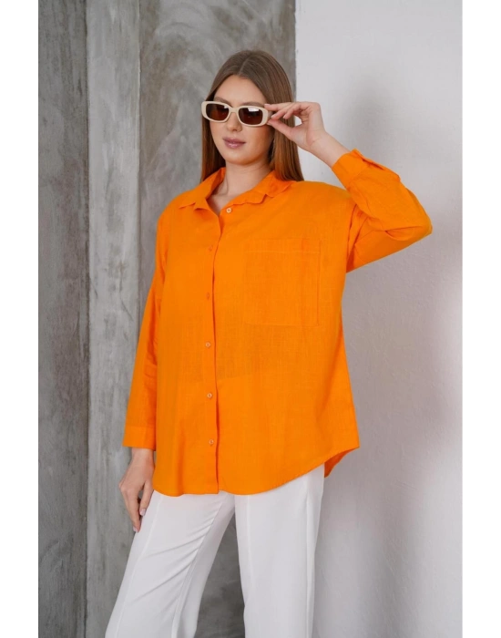 Kadın Turuncu Oversize Uzun Keten Gömlek